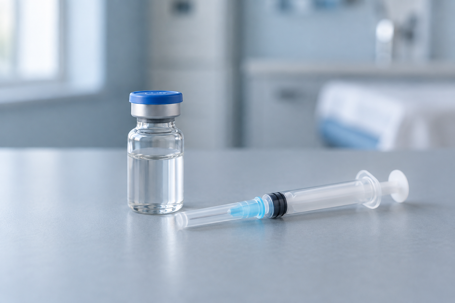 A glass medication vial with a blue cap and a capped syringe beside it.