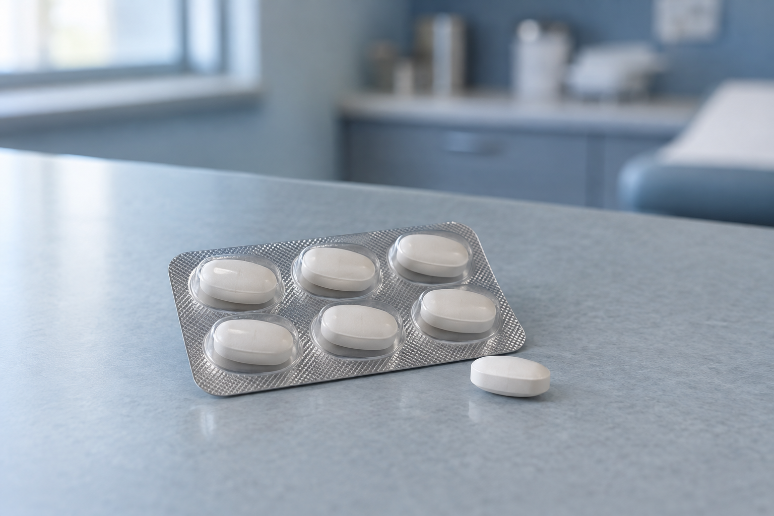 A blister pack of plain tablets with one tablet beside it.